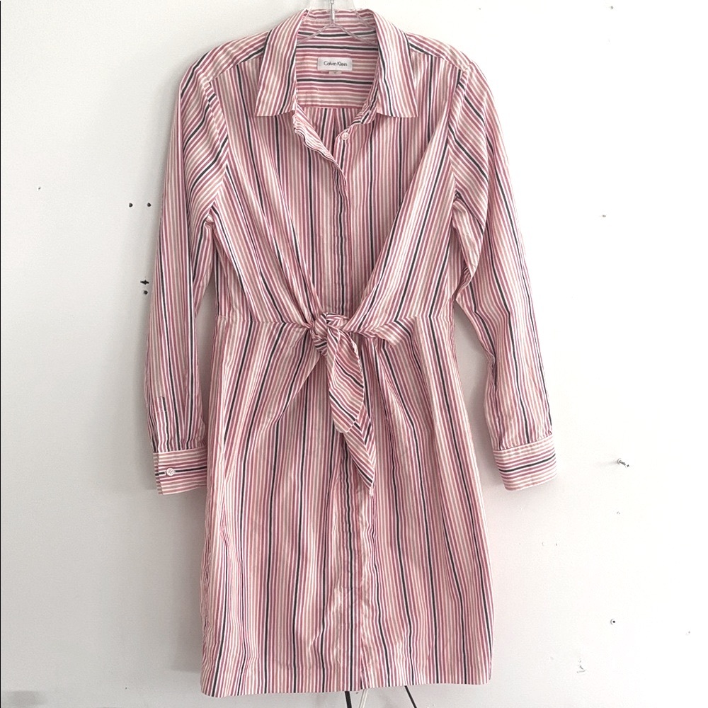 Calvin Klein Tie Front Shirt Dress Long Sleeves Multi Stripe Size
